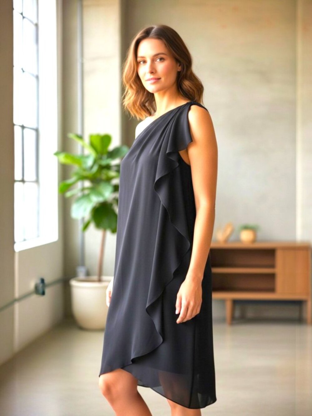 Elegant Vintage A.J. Bari Black Faux Wrap Draped One Shoulder Dress Size 6